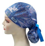 Holographic Iridescent Glitter Blue Ponytail Scrub Cap Doctor Theatre Nurse Hospital Paediatric Vet Surgical