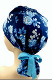 Floral Blue Ponytail Scrub Cap Doctor Theatre Nurse Hospital Paediatric Vet Surgical