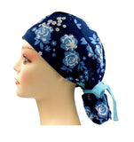 Floral Blue Ponytail Scrub Cap Doctor Theatre Nurse Hospital Paediatric Vet Surgical