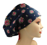 Polka Dot Roses Jersey Knit Comfy Euro Toggle Scrub Cap Doctor Theatre Nurse Hospital Paediatric Vet Surgical