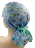 Kitty Blue Fruit Stripe  Ponytail Scrub Cap Doctor Theatre Nurse Hospital Paediatric Vet Surgical