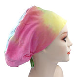 Pink Yellow Tie Dye Jersey Knit Comfy Euro Toggle Scrub Cap Doctor Theatre Nurse Hospital Paediatric Vet Surgical