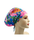 Pink Blue Floral 002 Euro , Pony Tail Scrub Cap Doctor Hospital Surgical ODP Vet