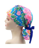 Pink Blue Floral 002 Euro , Pony Tail Scrub Cap Doctor Hospital Surgical ODP Vet