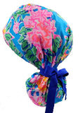 Pink Blue Floral 002 Euro , Pony Tail Scrub Cap Doctor Hospital Surgical ODP Vet