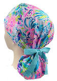 Pink Green 025 Euro , Pony Tail Scrub Cap Doctor Hospital Surgical ODP Vet