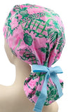 Pink Garden 011 Euro , Pony Tail Scrub Cap Doctor Hospital Surgical ODP Vet