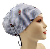 RL College Bear Blue Stripe Jersey Knit Comfy Euro Toggle Scrub Cap Doctor Theatre Nurse Hospital Paediatric Vet Surgical