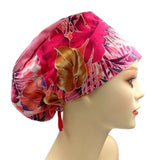 Pink Tropical Blooms Jersey Knit Comfy Euro Toggle Scrub Cap Doctor Theatre Nurse Hospital Paediatric Vet Surgical